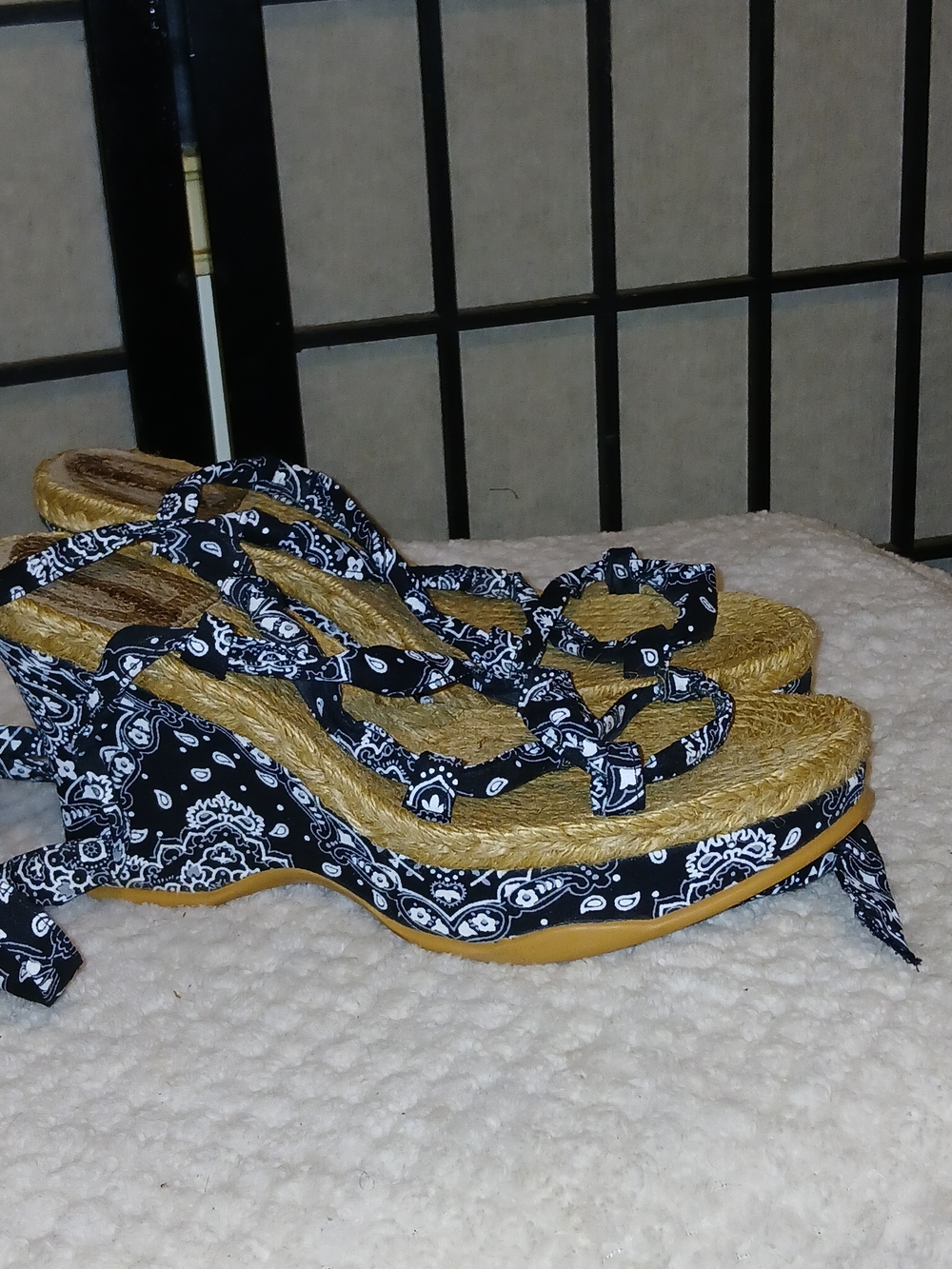 Blue Bandana Print Wedge Sandals with Straw Insole